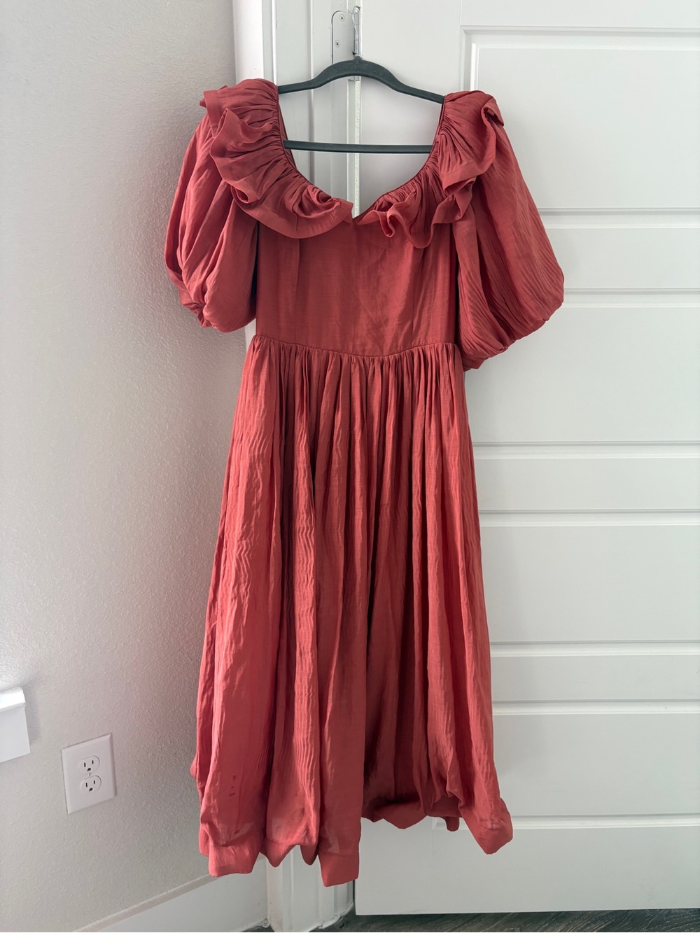 Ina Rust Red Maxi Dress with Ruffled Neckline